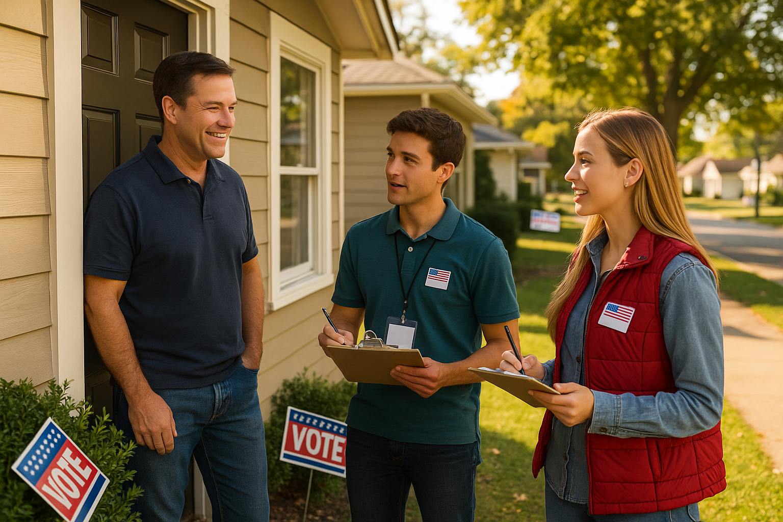 Volunteers meet a voter at their doorstep while using political canvassing software to record responses during a community outreach visit.