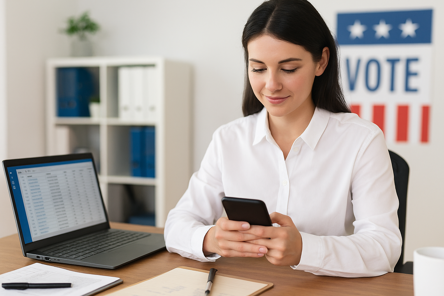 A campaign professional uses political texting tools to engage voters